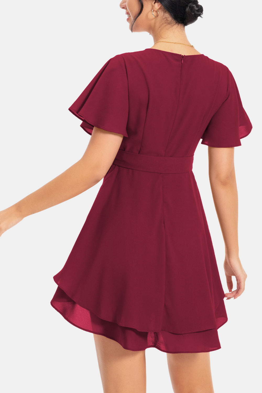 Wine back view flutter sleeve surplice dress with gathered waist and flared ruffle hem