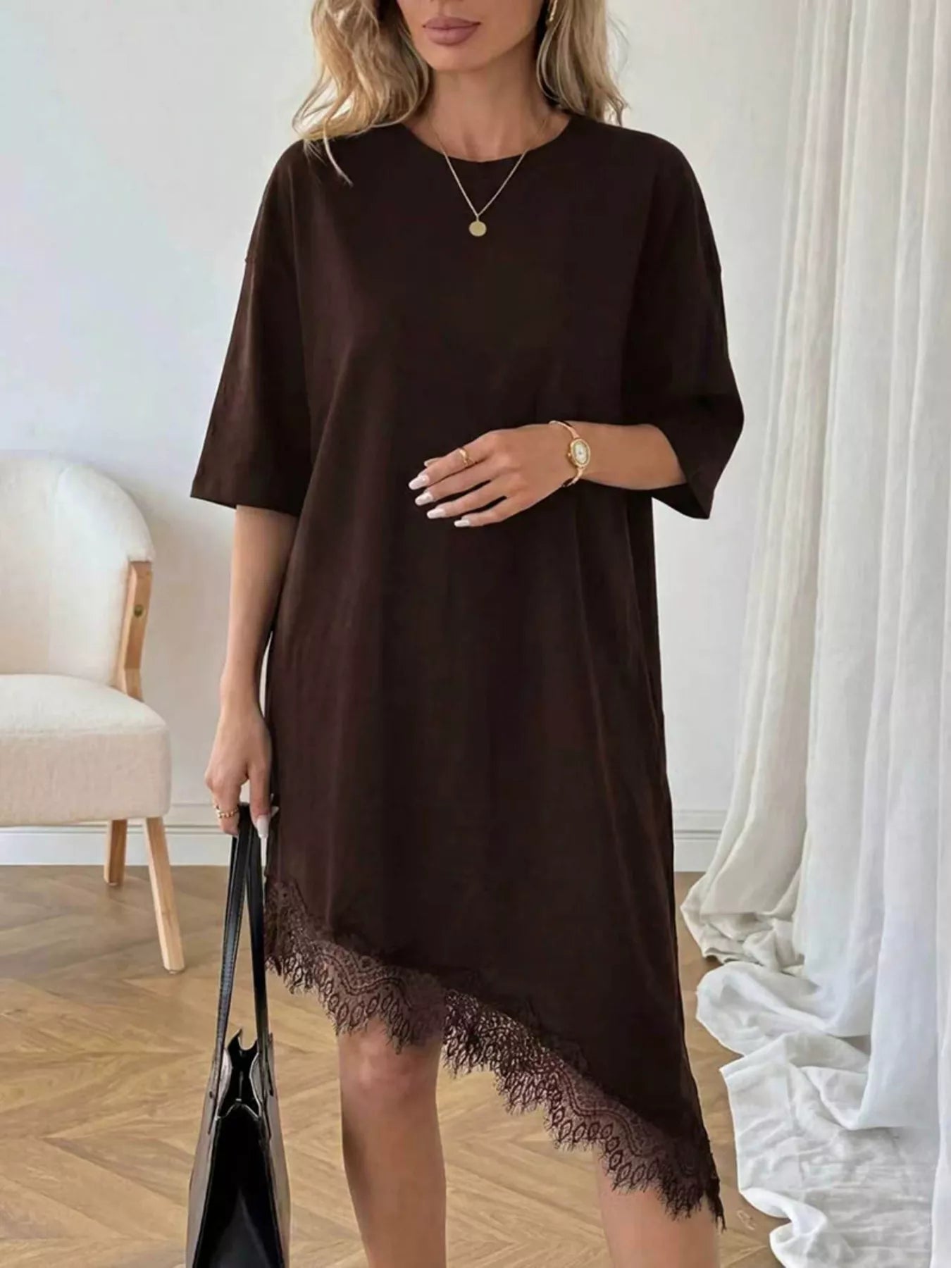 Asymmetrical lace-trim T-shirt dress in chocolate brown, crew neck, side lace trim