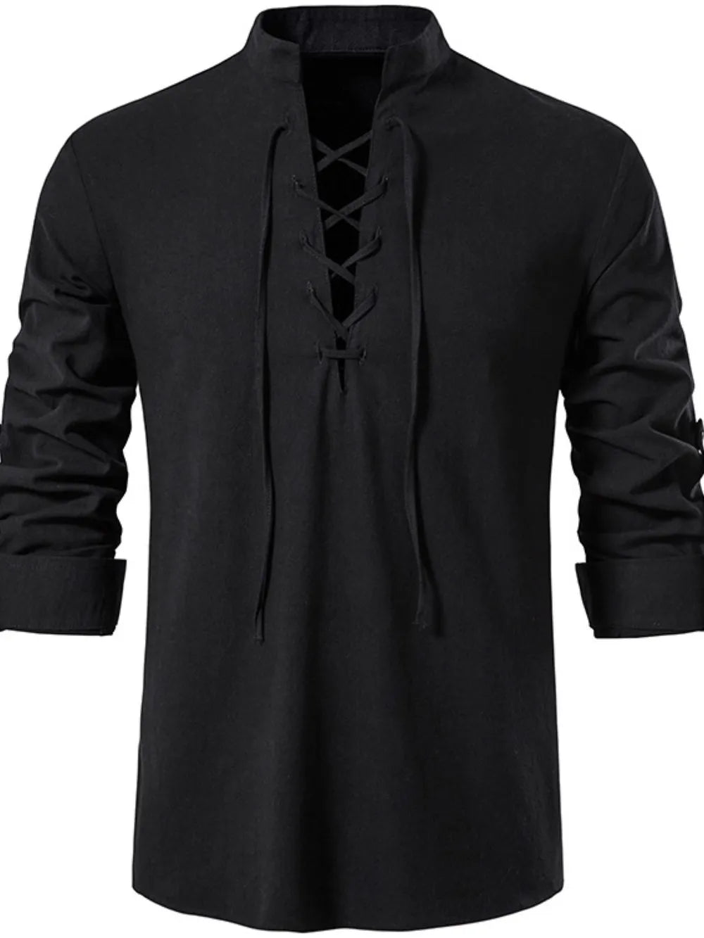 Men's lace-up long sleeve blouse in black, stand collar with front eyelet lace details