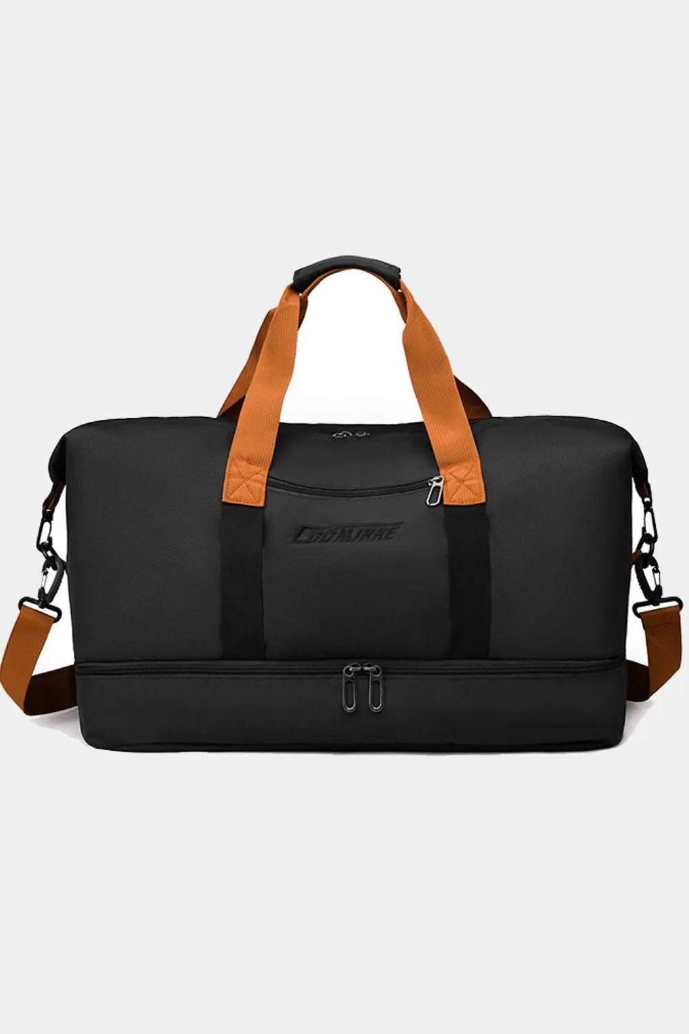 Black waterproof duffel bag with brown handles, crossbody straps, and front zip