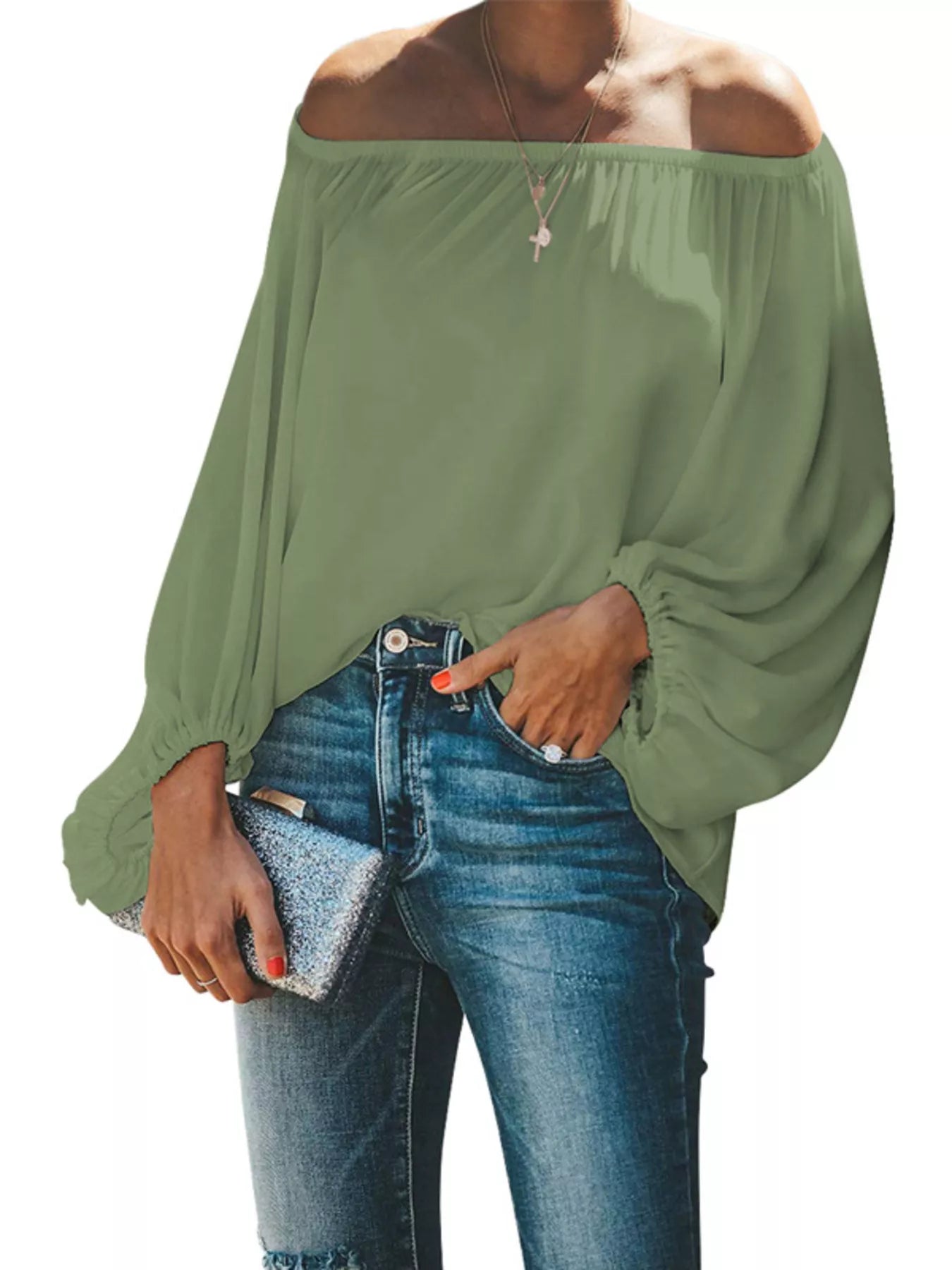 Cedar & Moore off-shoulder green balloon-sleeve blouse, plus size, basic style by Trendsi