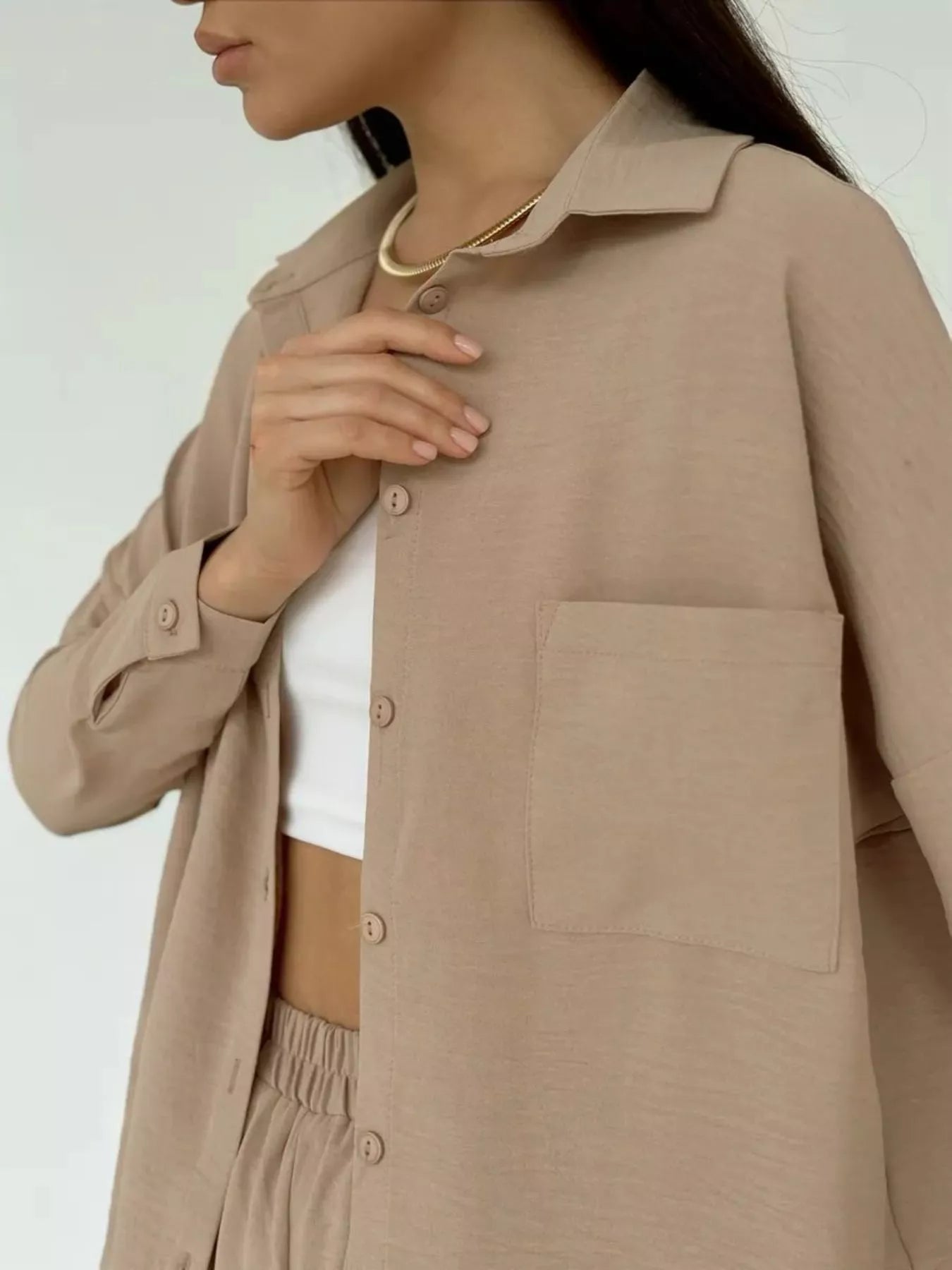 Tan relaxed-fit shirt and wide-leg pants set, chest pocket and button-front