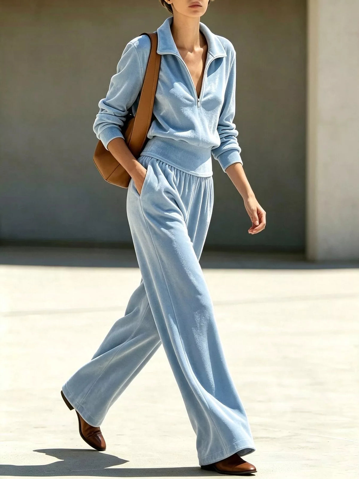 Light blue half-zip sweatshirt and wide-leg pants set, front view with drawstring waist
