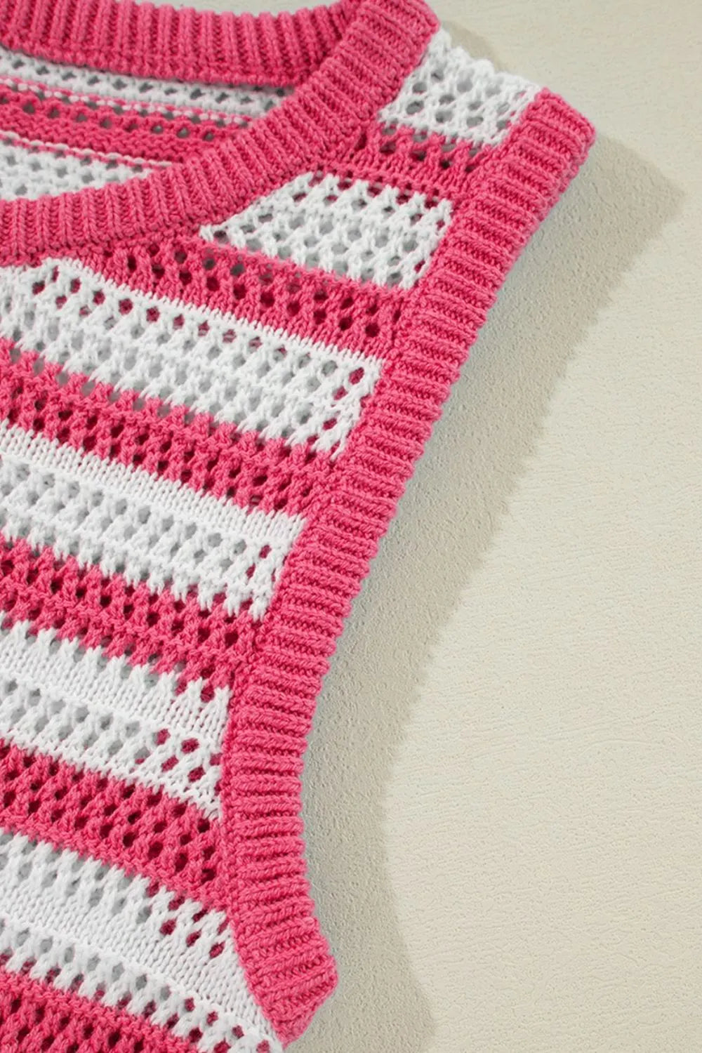 Sleeveless striped knit sweater dress, pink and white, openwork stripe pattern