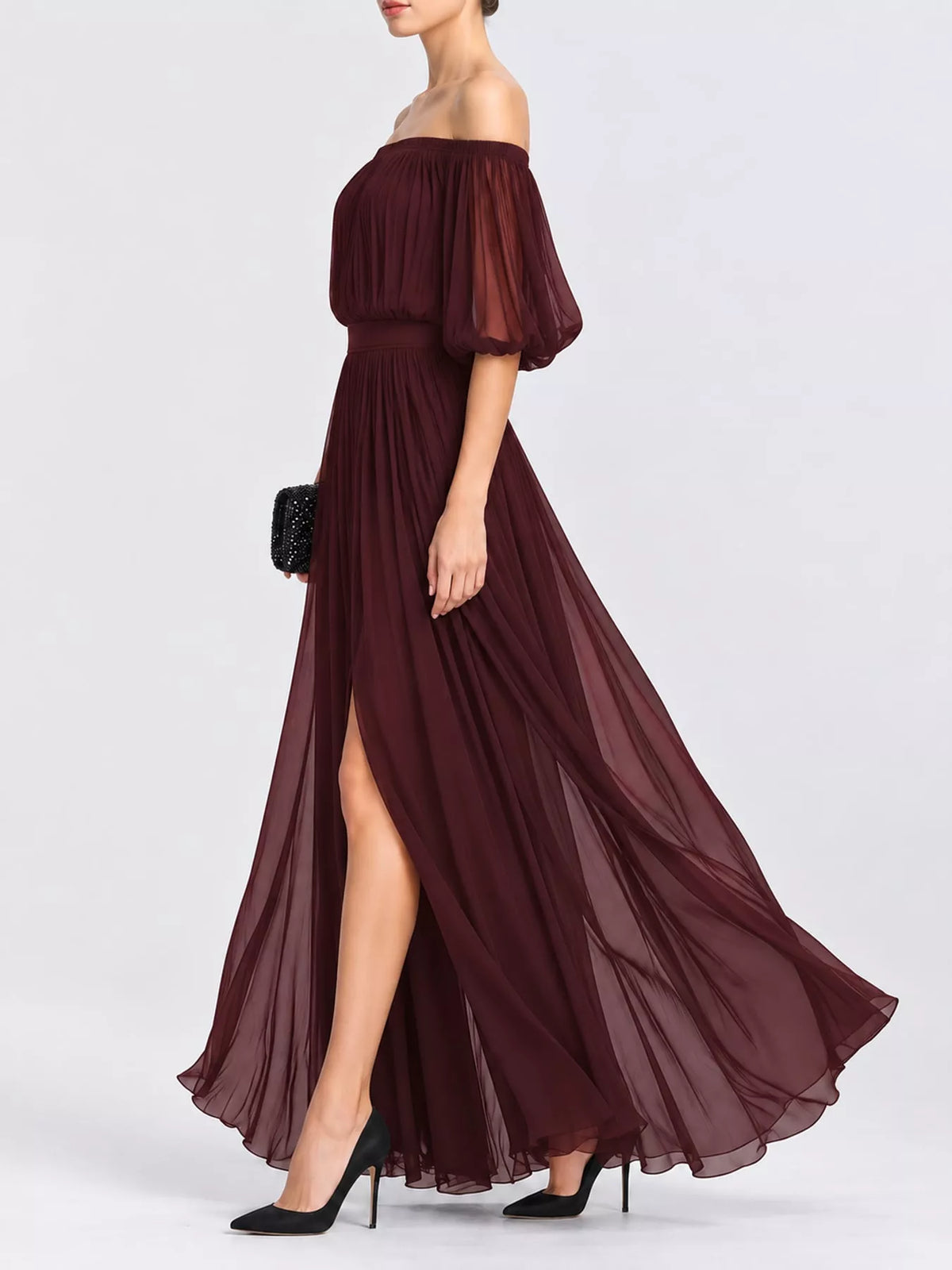 Burgundy off-shoulder ruched maxi dress, high slit chiffon skirt, side view