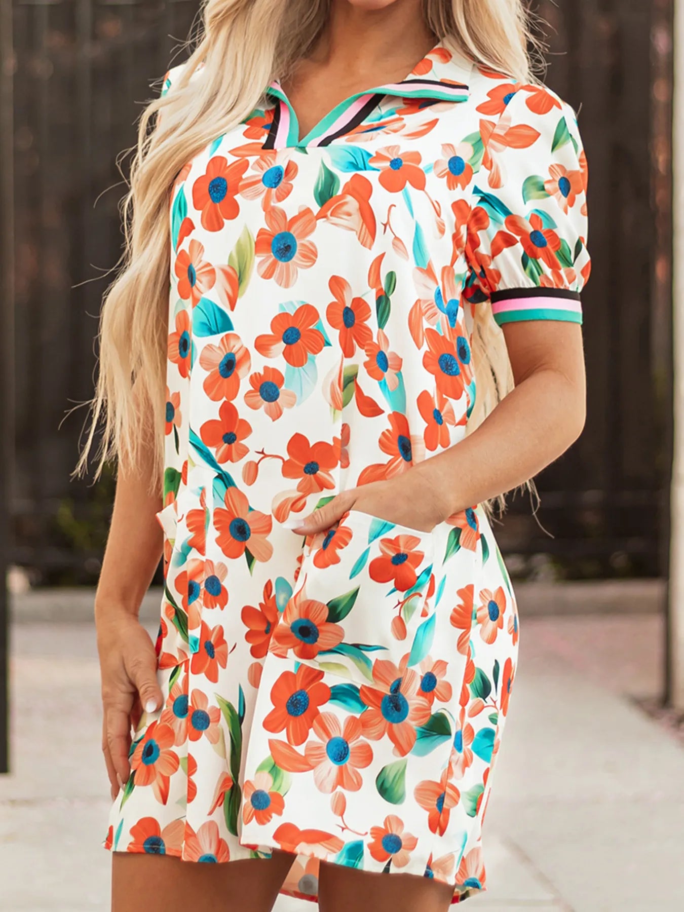 Dress, Trendsi floral split-neck puff-sleeve mini with contrast trim on white base featuring orange flowers and blue centers.