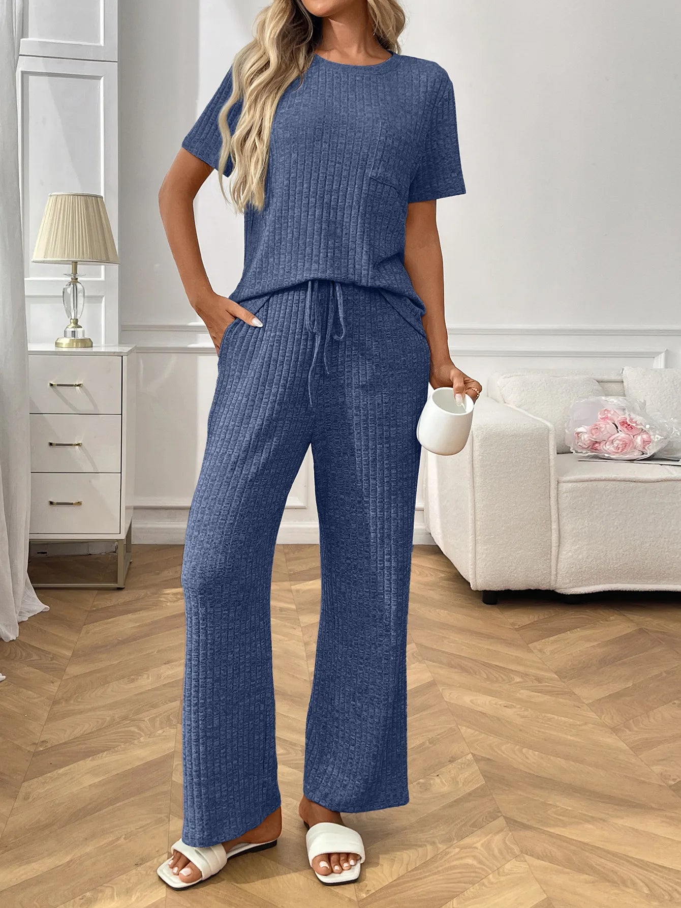 Ribbed knit lounge set in blue with short sleeve top and relaxed wide-leg pants