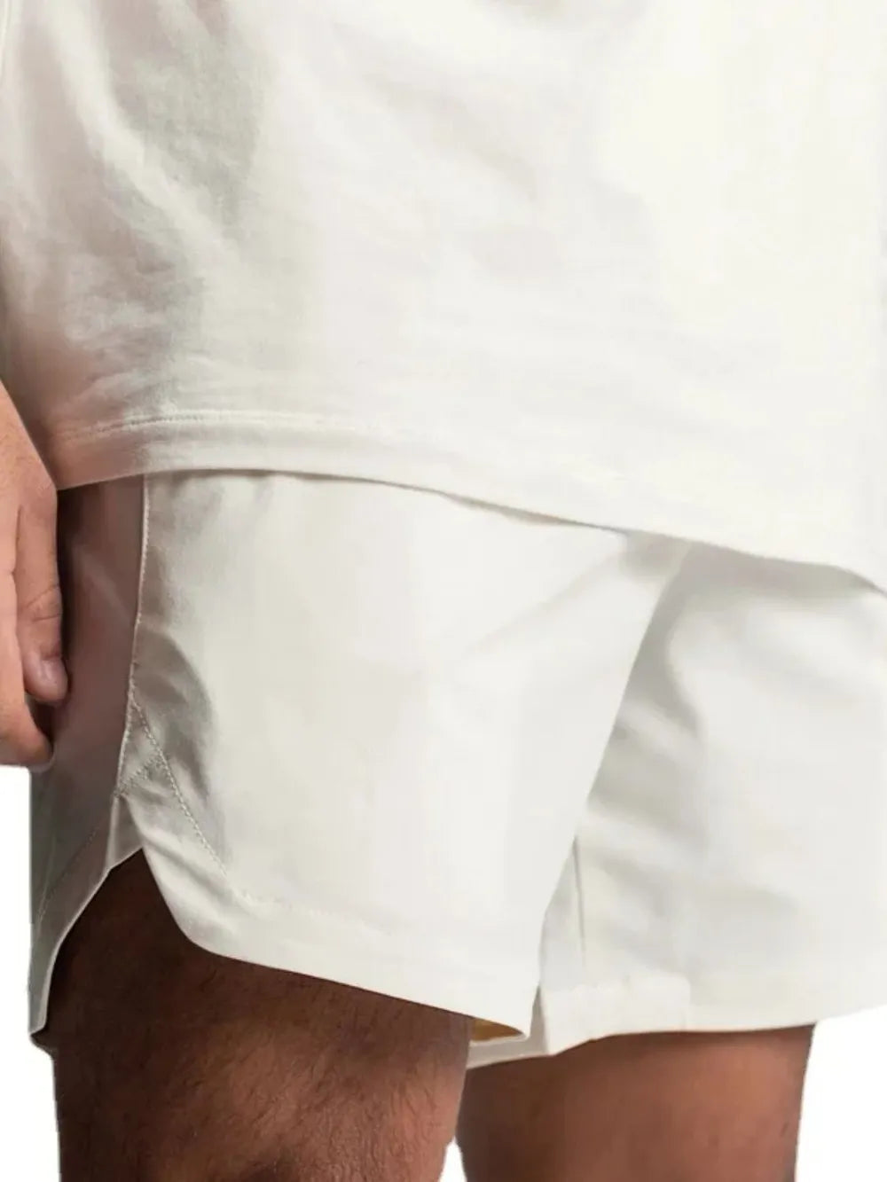 Men's elastic-waist active shorts in white, with elastic waistband and side pocket.