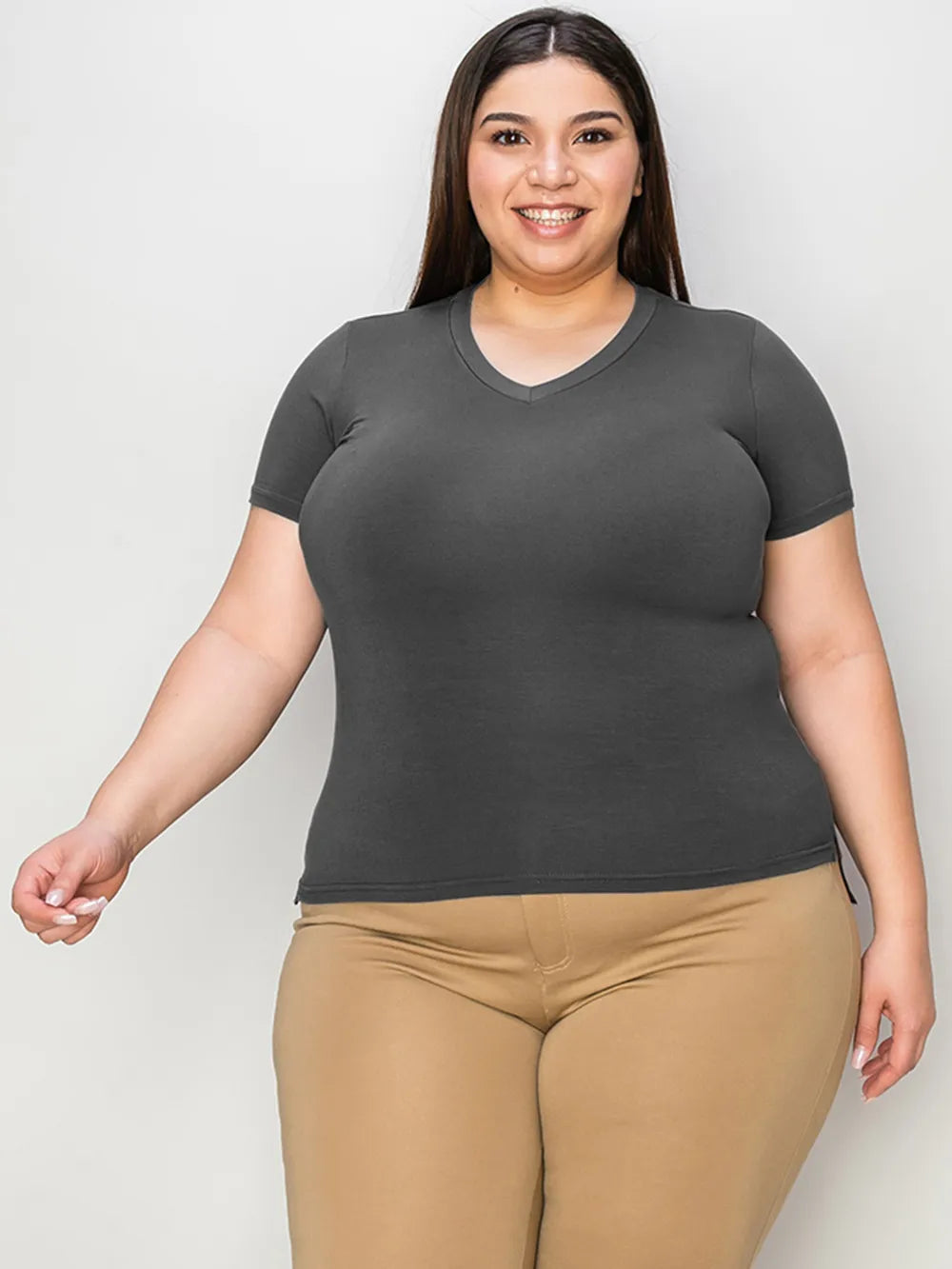 Cedar & Moore Basic Bae V-Neck High-Low T-Shirt, charcoal gray, short sleeves.