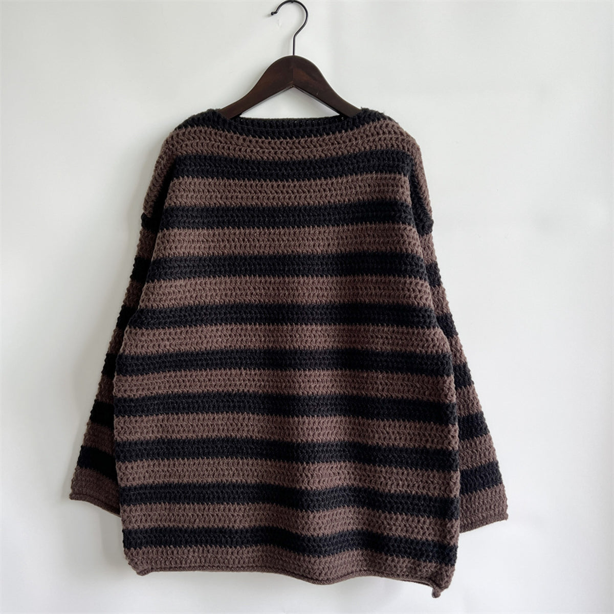 Striped long sleeve sweater, tan and dark brown knit, crew neck, relaxed body