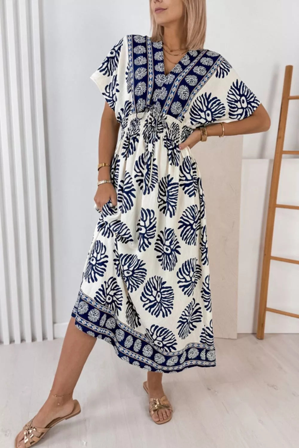 Floral print V-neck dolman midi dress with contrast border hem, blue-and-white