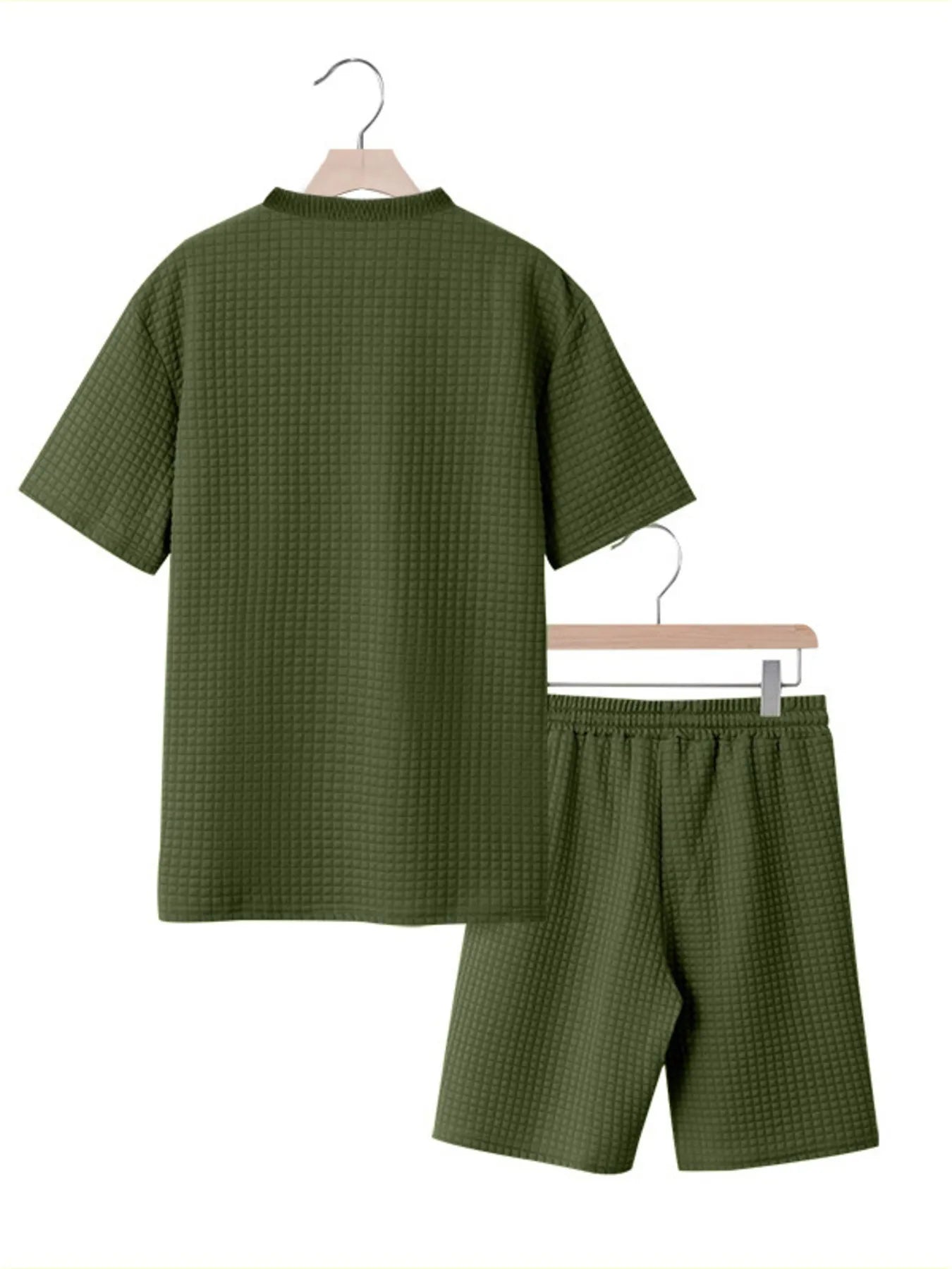 Men's textured short-sleeve top and drawstring shorts set in dark green, back view