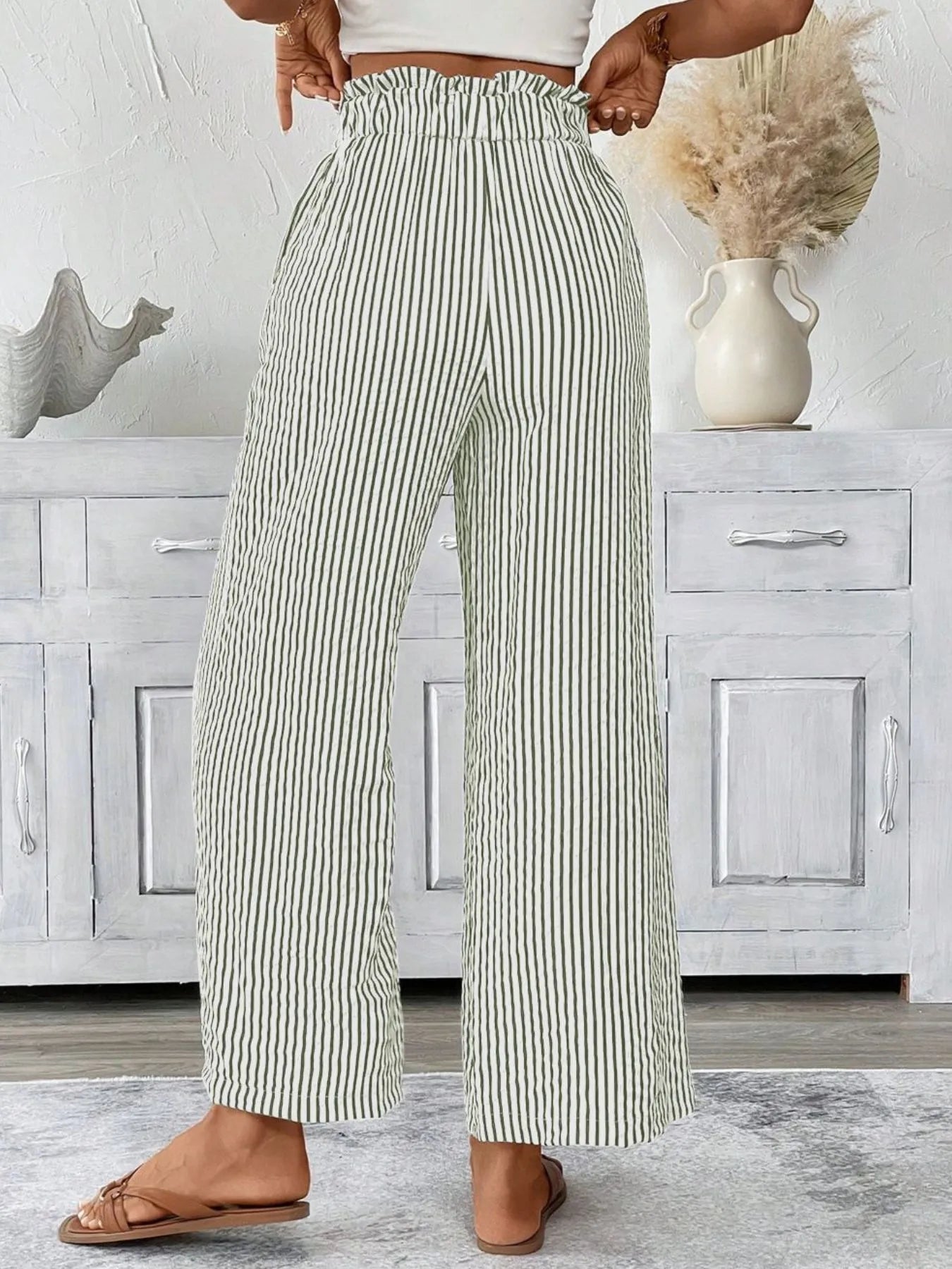 Striped wide-leg paper bag pants with gathered tie waist, cream with dark vertical stripes