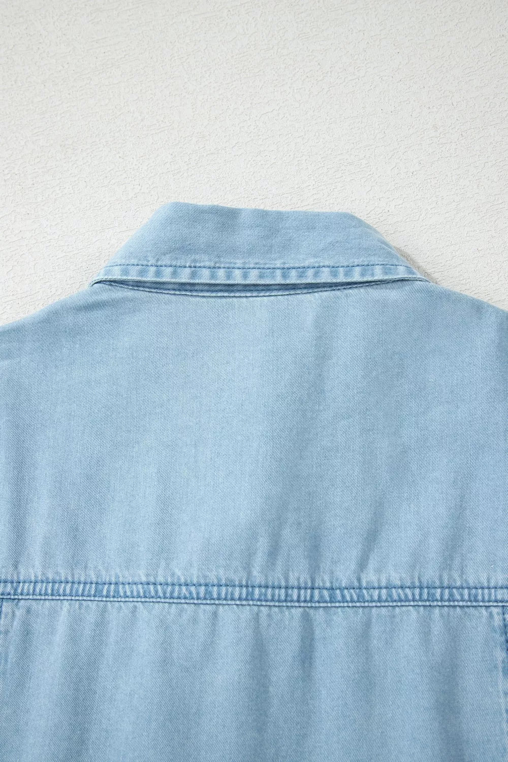 Cedar & Moore Full Buttons Collared Short Bubble Sleeve Long Denim Dress, light blue denim, Trendsi