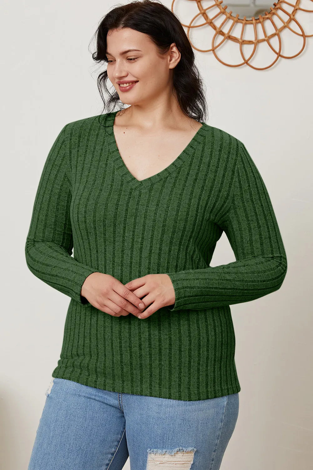 Cedar & Moore Basic Bae ribbed green V-neck long-sleeve T-shirt.
