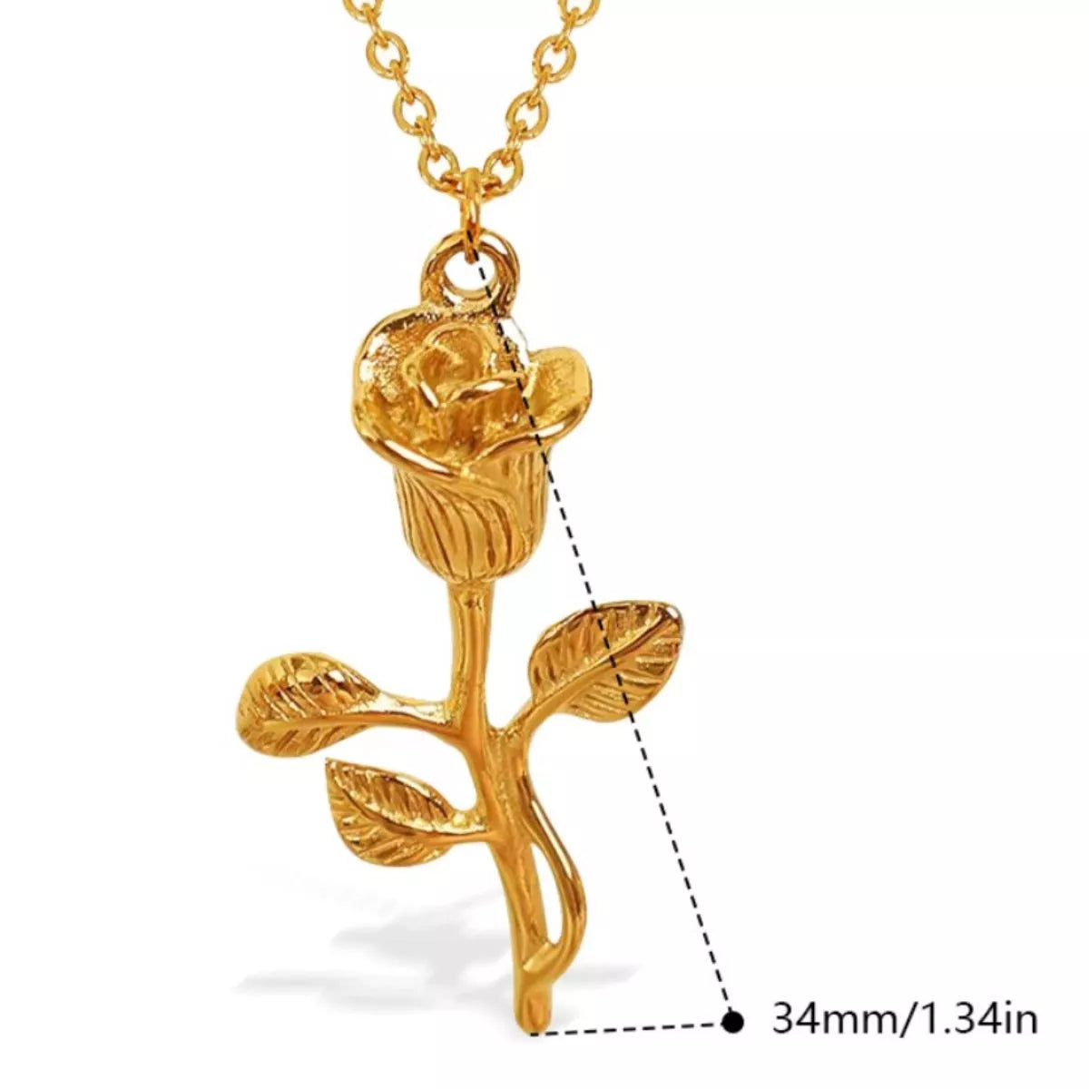 Gold-tone rose flower pendant necklace with leaf details on chain