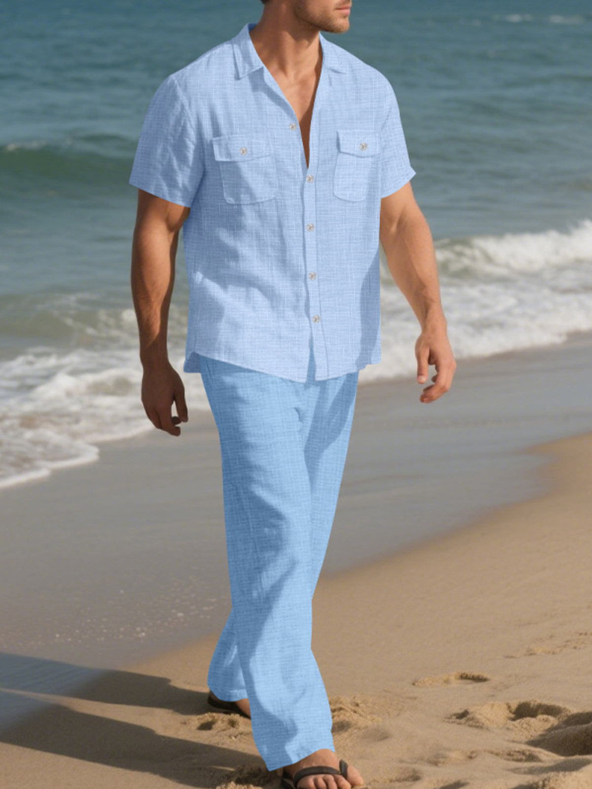 Light blue men’s short-sleeve button-up shirt and matching relaxed pants set