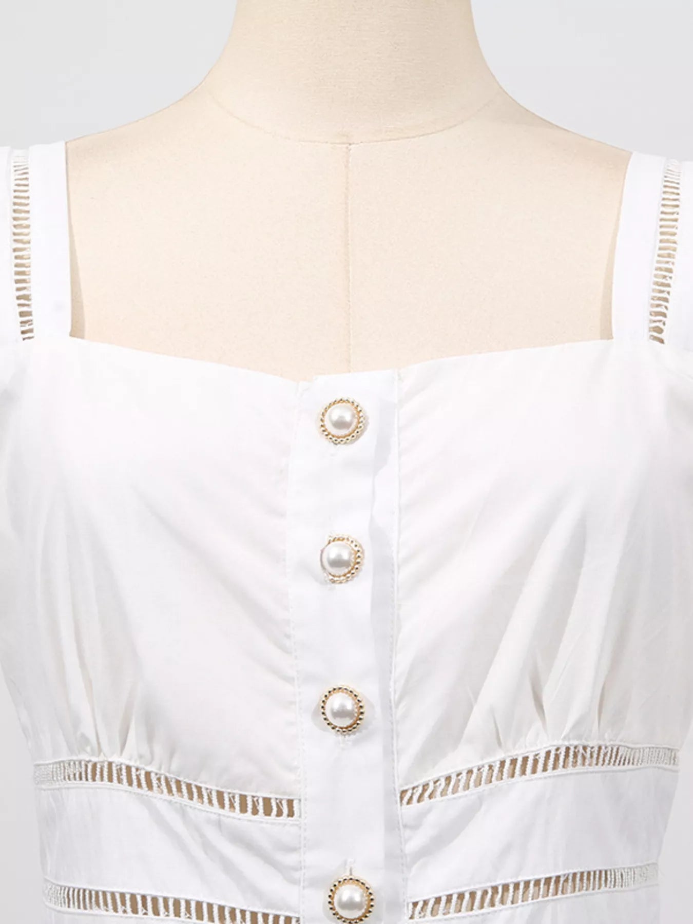 Cedar & Moore White sleeveless eyelet-embroidered button-down midi dress with pearl-trim buttons