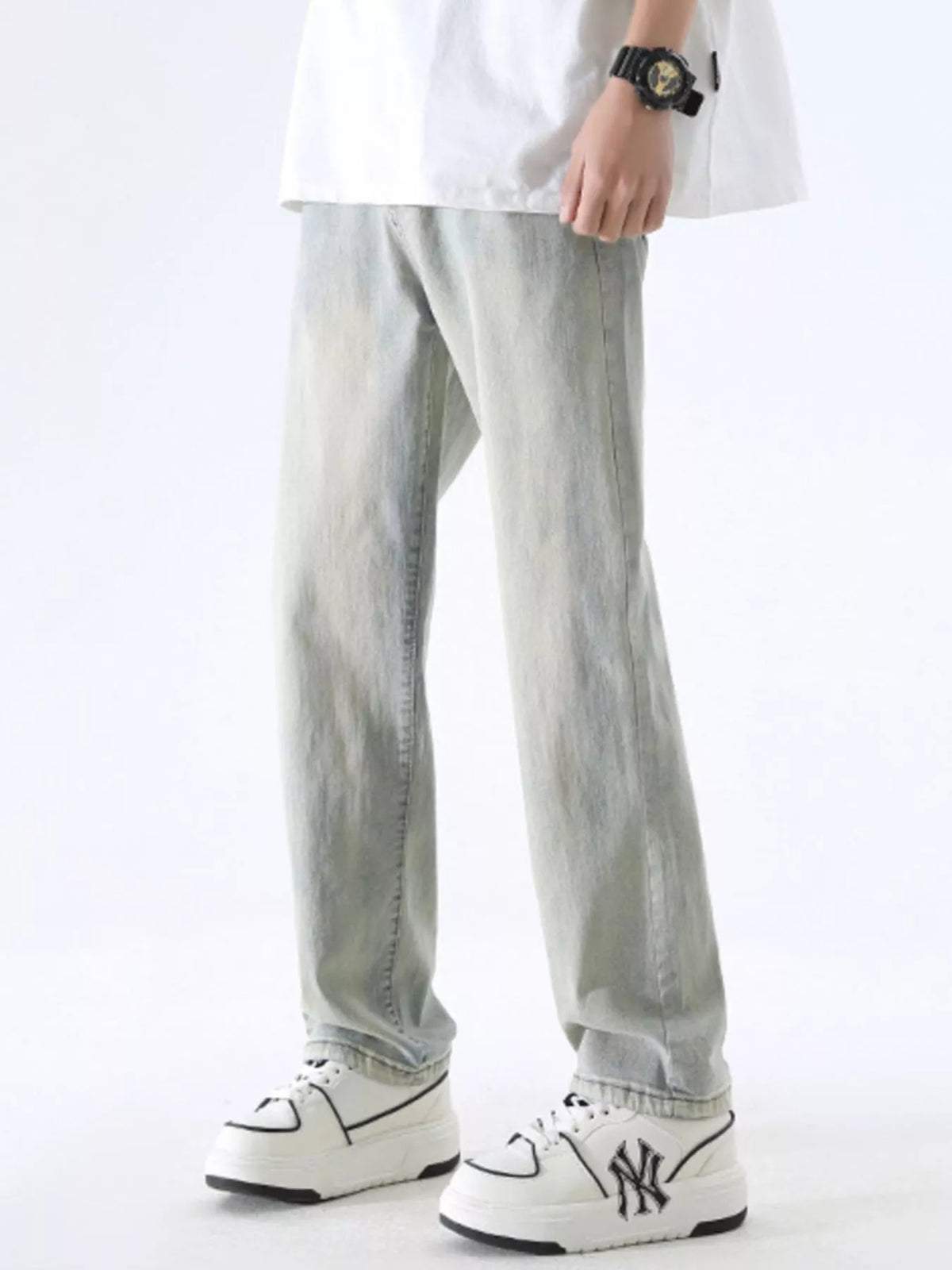 Washed light gray wide-leg jeans with straight relaxed legs and belt loops.
