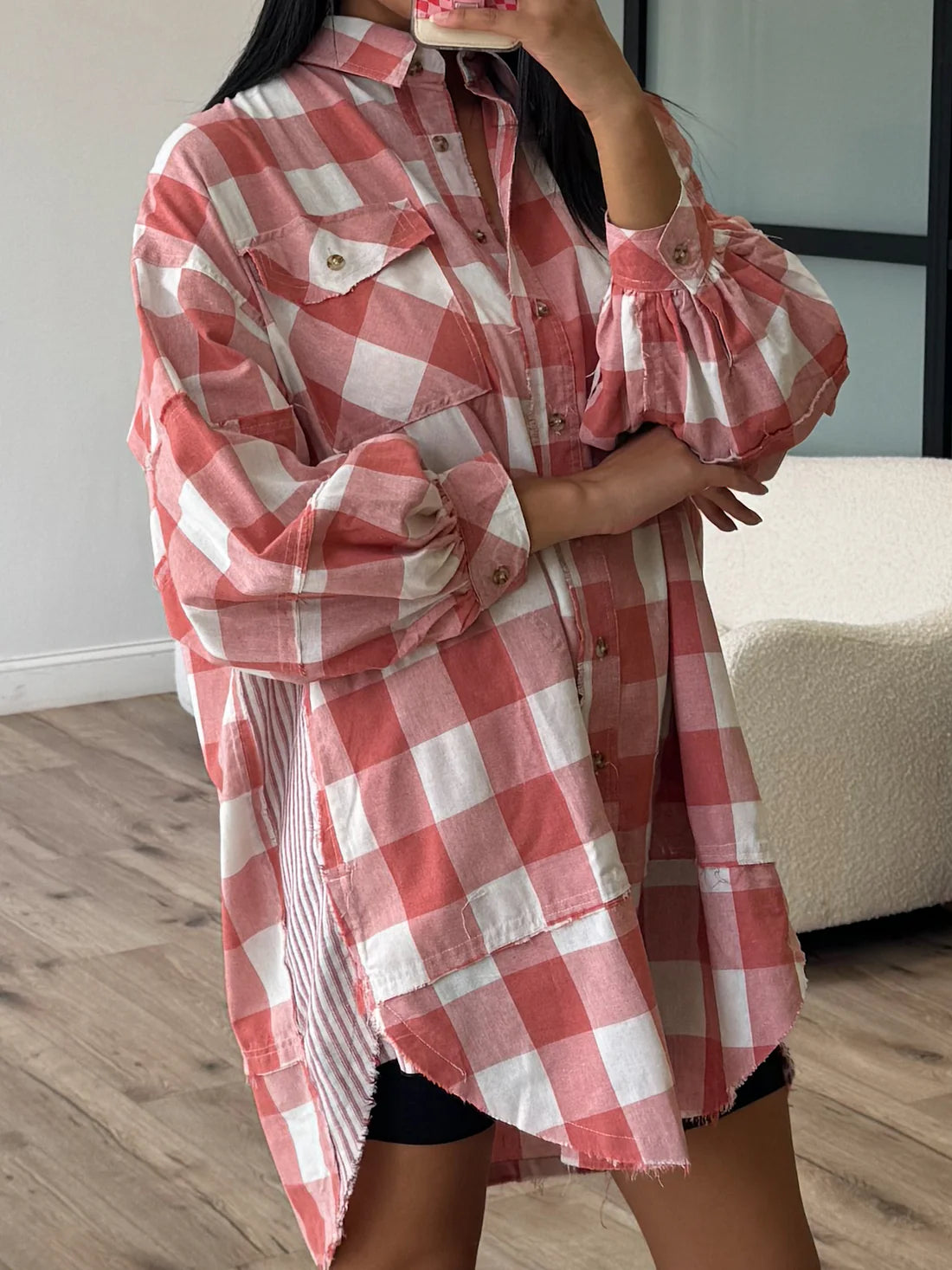 Strawberry plaid shirt dress with button placket, pointed collar, long sleeves
