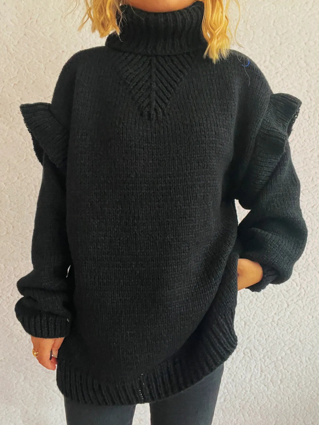 Ruffled turtleneck knit sweater, black, long sleeves and ribbed turtleneck