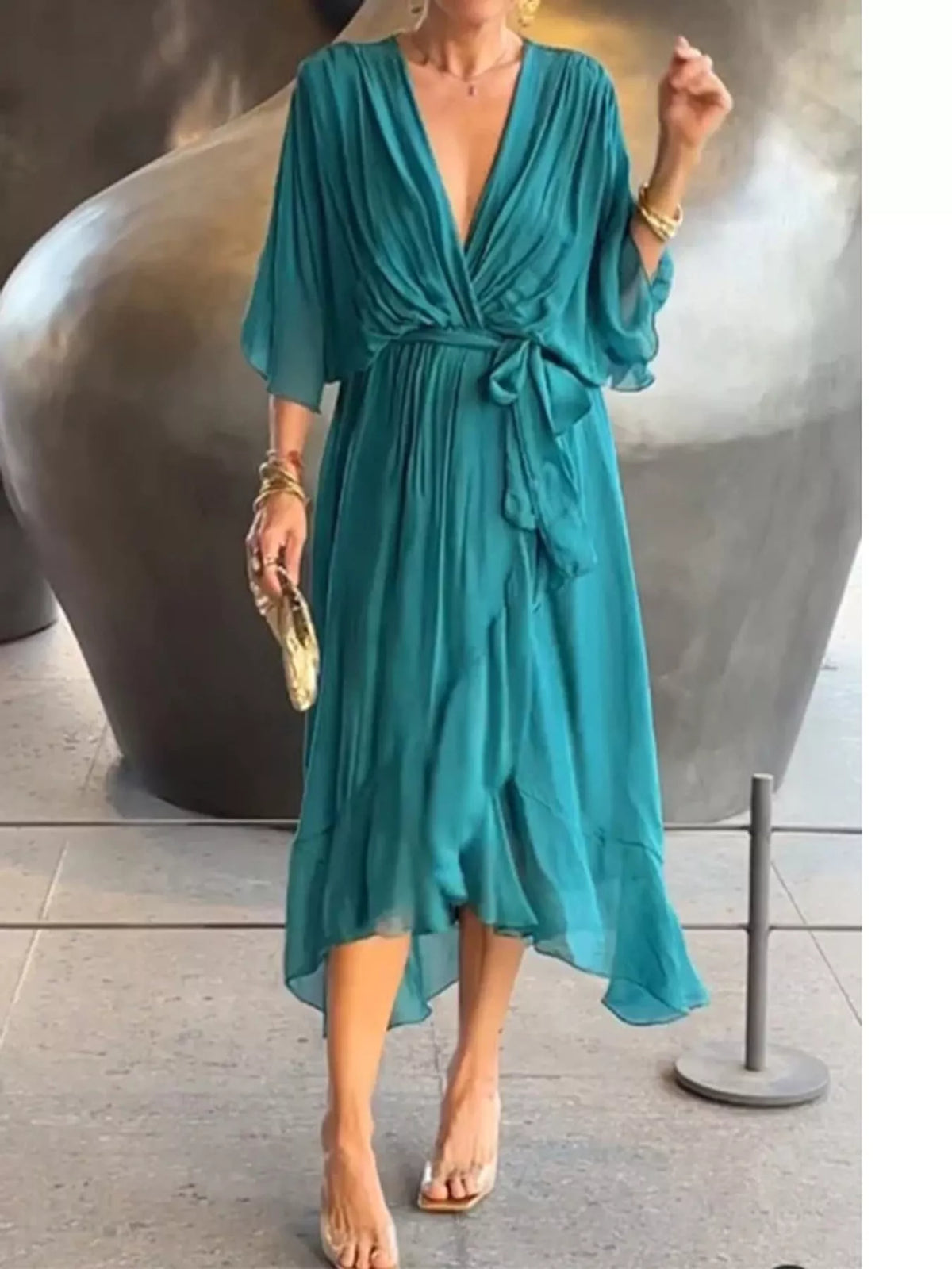 Teal wrap midi dress with ruched waist tie and batwing sleeves, V-neck and layered hem