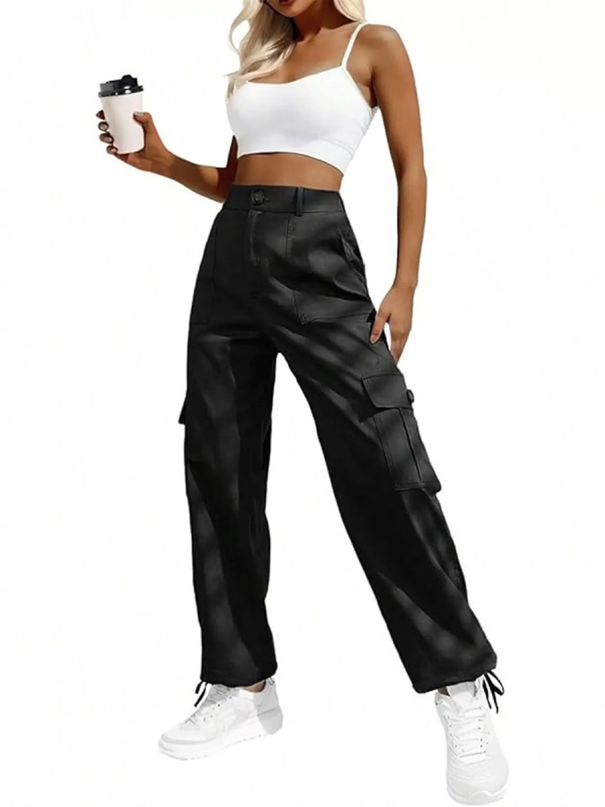 High-waist cargo pants in black with cargo pockets and drawstring cuff hems