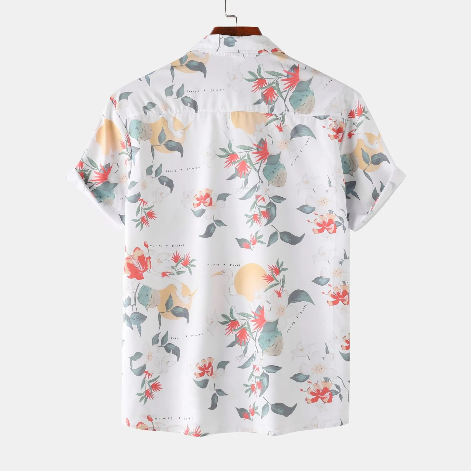 Men’s printed short-sleeve button-up shirt in white with back view floral and bird pattern.