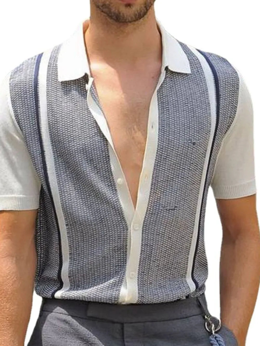 Men's plus size button-up short sleeve shirt, navy-and-white striped front, short sleeves