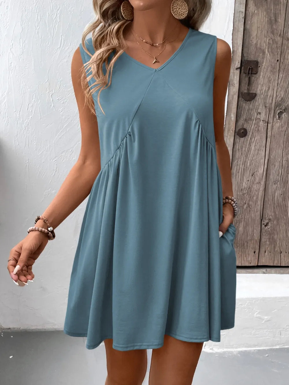 Ivy Lane Ruched V-Neck Sleeveless Mini Dress, teal, by Trendsi, flowy A-line silhouette
