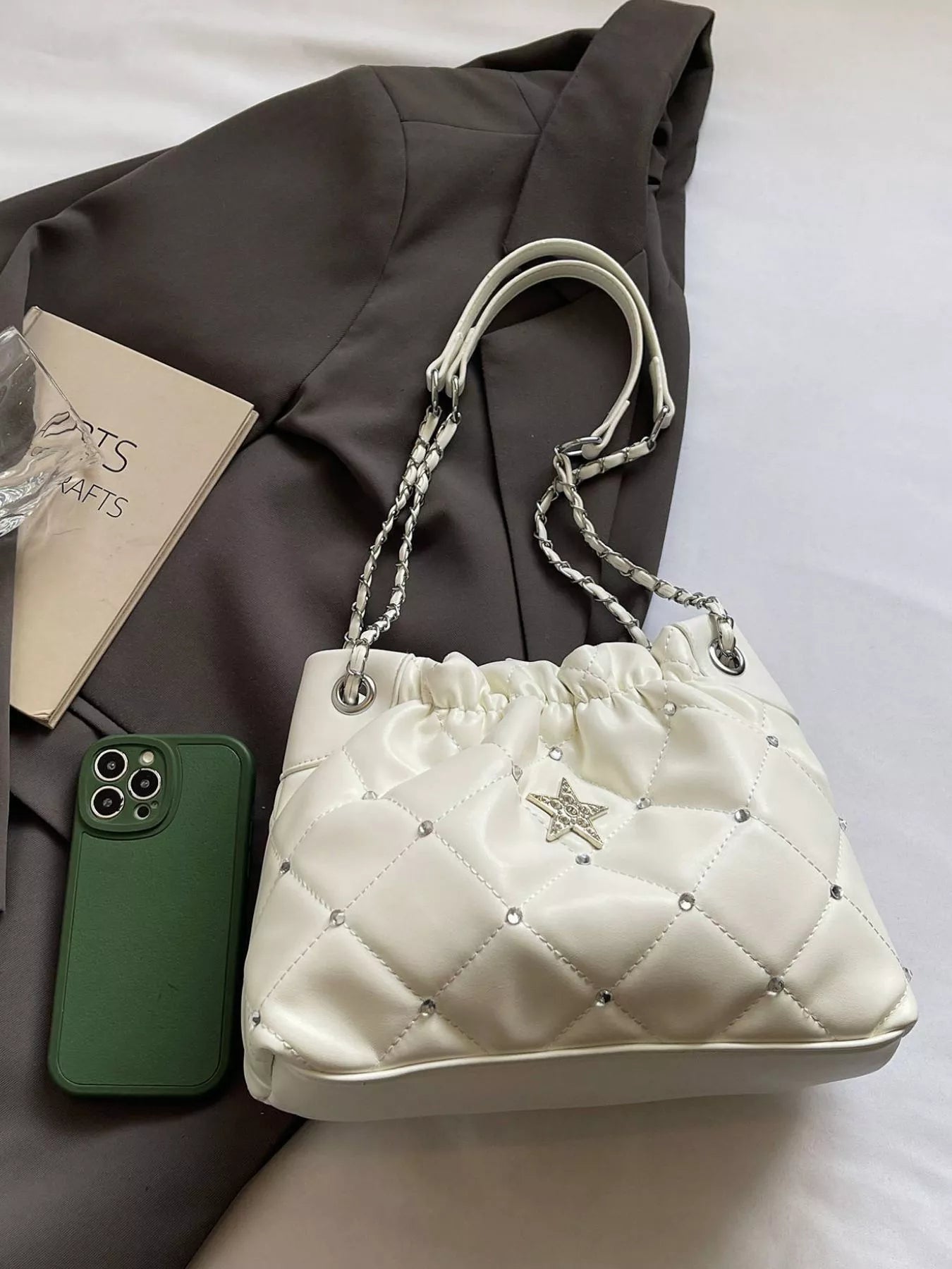 Quilted rhinestone star decor shoulder bag, white PU, small