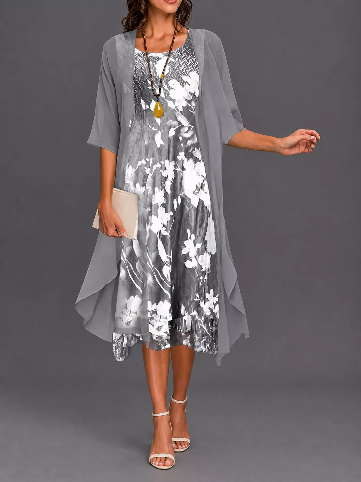Gray floral print midi dress with sheer chiffon cardigan, draped hem, elbow sleeves