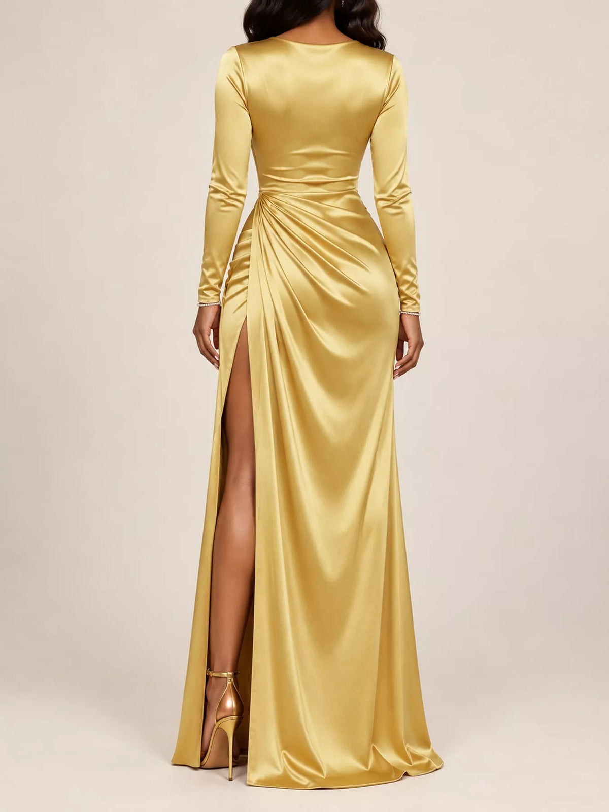 Gold satin cowl-neck maxi dress with ruched drape and high side slit
