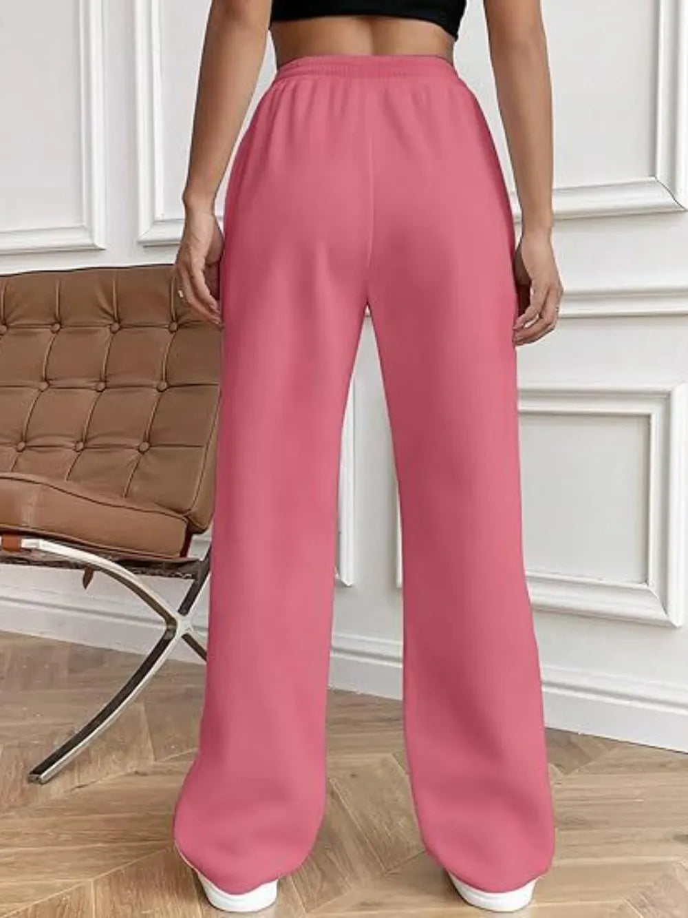 Deep rose wide-leg drawstring pants with pockets and elastic waistband