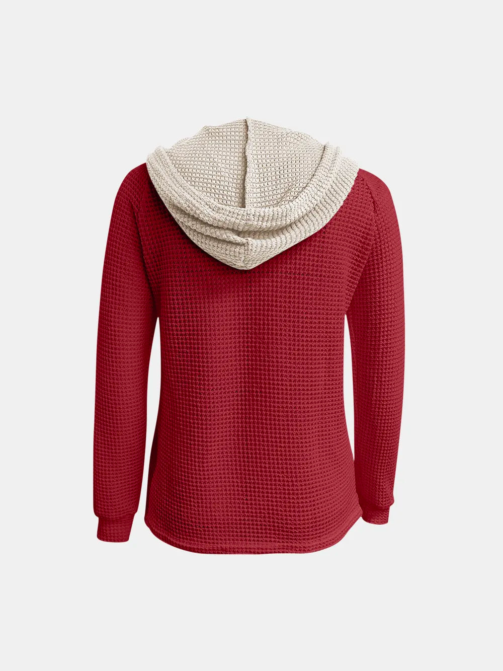 Red waffle-knit hoodie, back view: long sleeves, hood drawstrings, contrast trim.