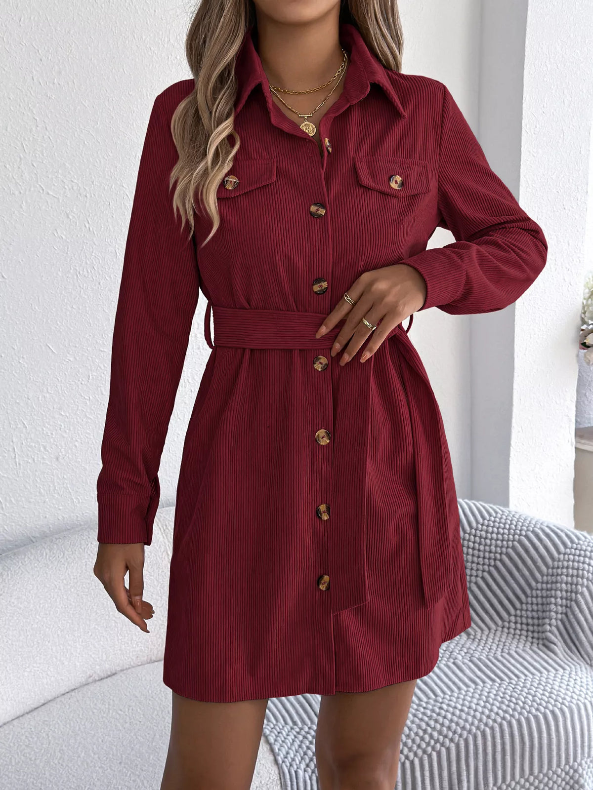 Burgundy corduroy button-front shirt dress with attached waist tie belt