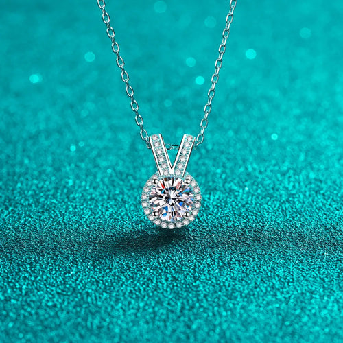 Silver rabbit-ear pendant necklace with round moissanite center and pavé accents