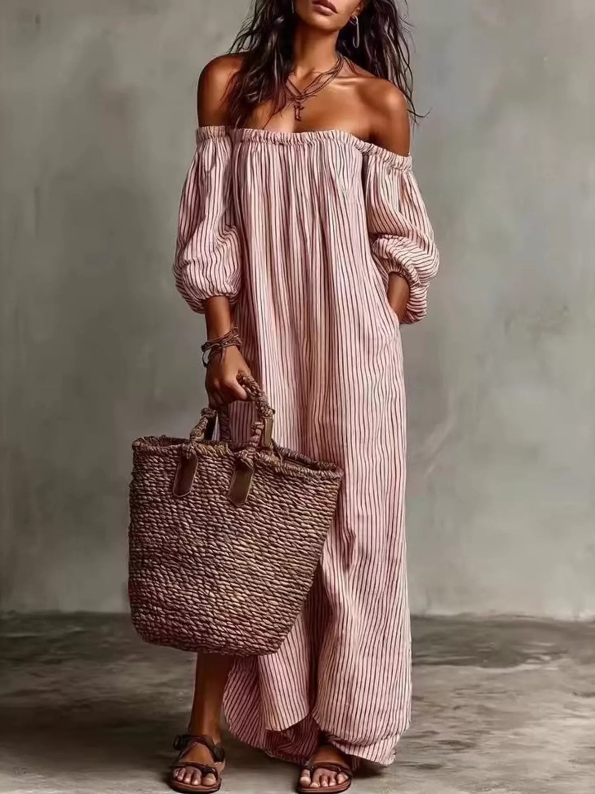 Off-shoulder striped maxi dress with puff sleeves, smocked bust, dusty pink vertical stripes