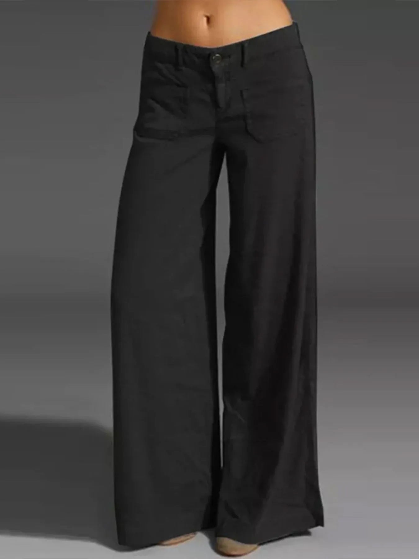 Black wide-leg pants with button fly and side pockets