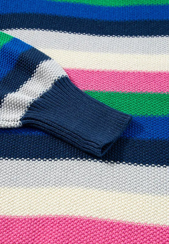 Striped knit sweater sleeve cuff in navy, green, pink, and white