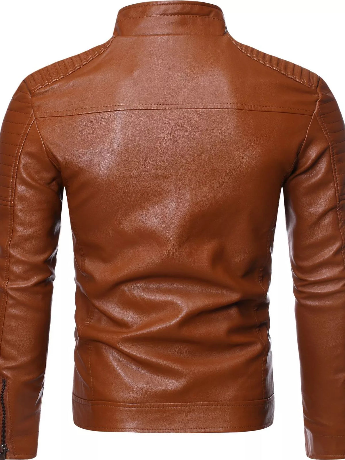 Coffee brown men's zip-up motorcycle jacket, back view with stand collar and zip
