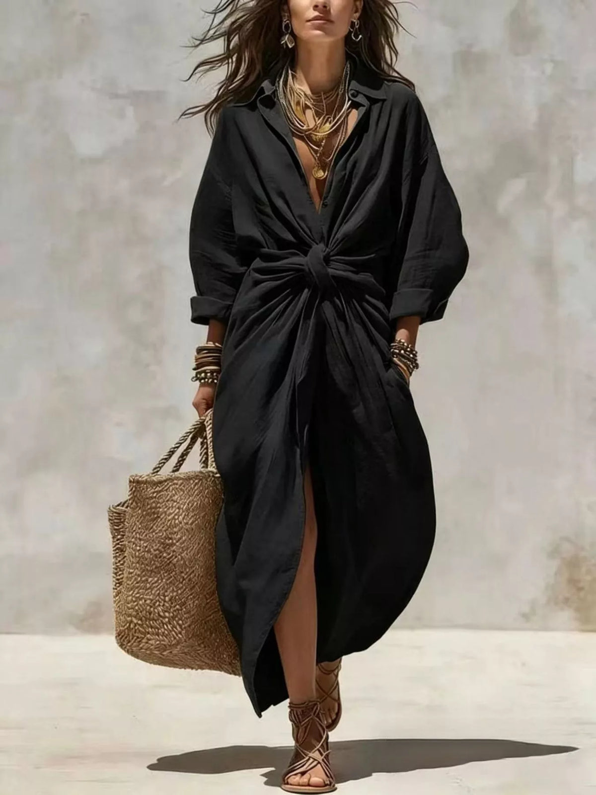Black maxi shirt dress with V-neck, front tie knot, long sleeves, side pockets