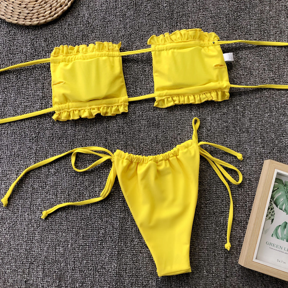Ruched frill-trim bikini set in yellow: bandeau top and ruched string bikini bottom