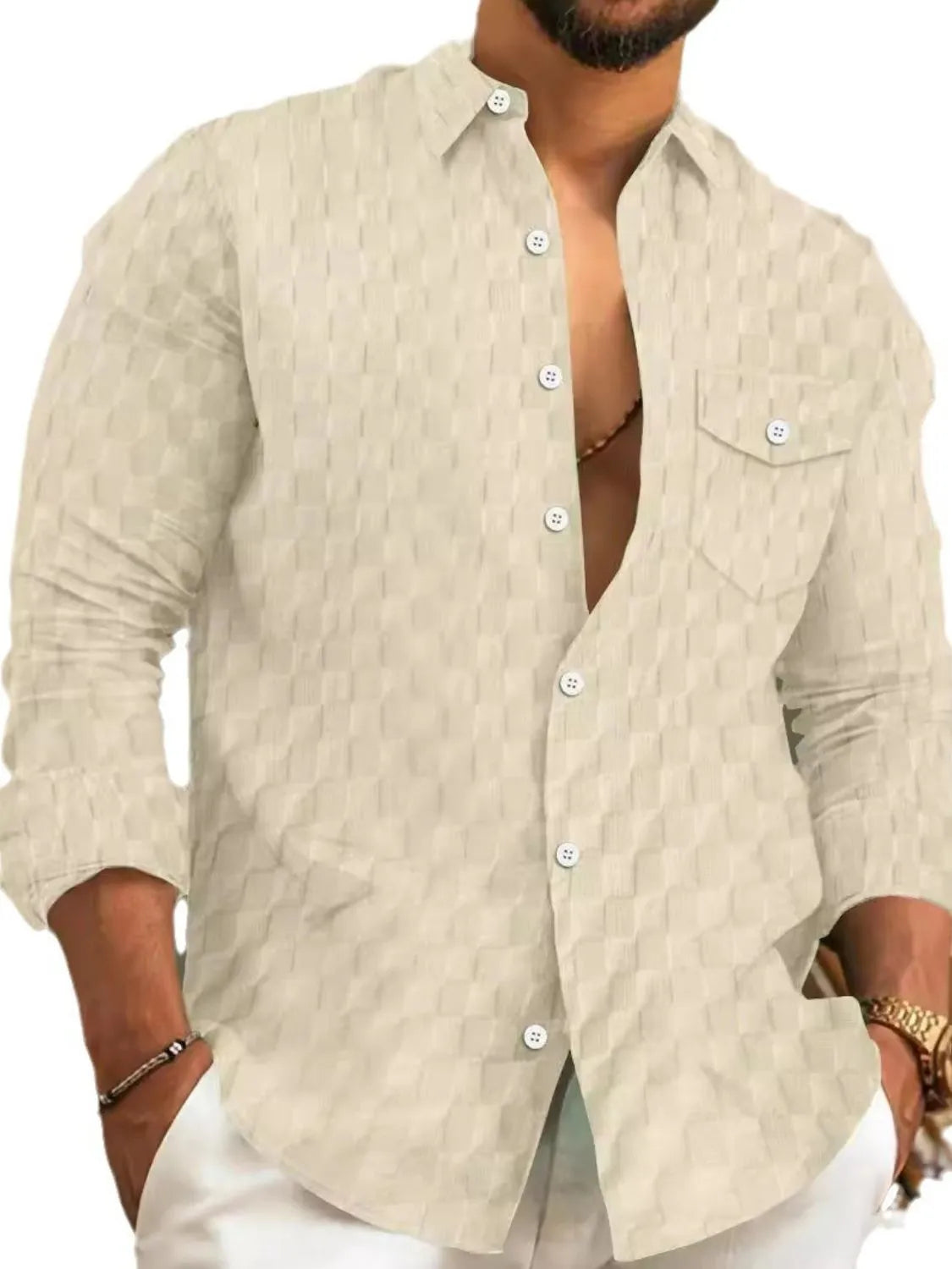 Men's button-up long-sleeve shirt, textured off-white with chest pocket and curved hem