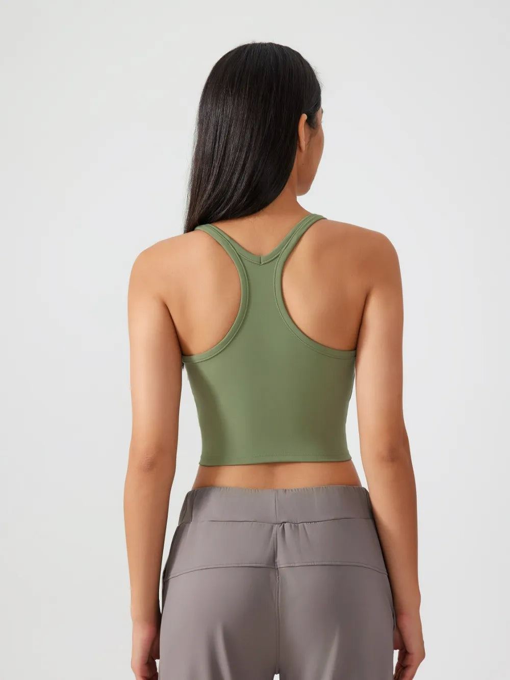 Olive green scoop-neck active tank with racerback, back view