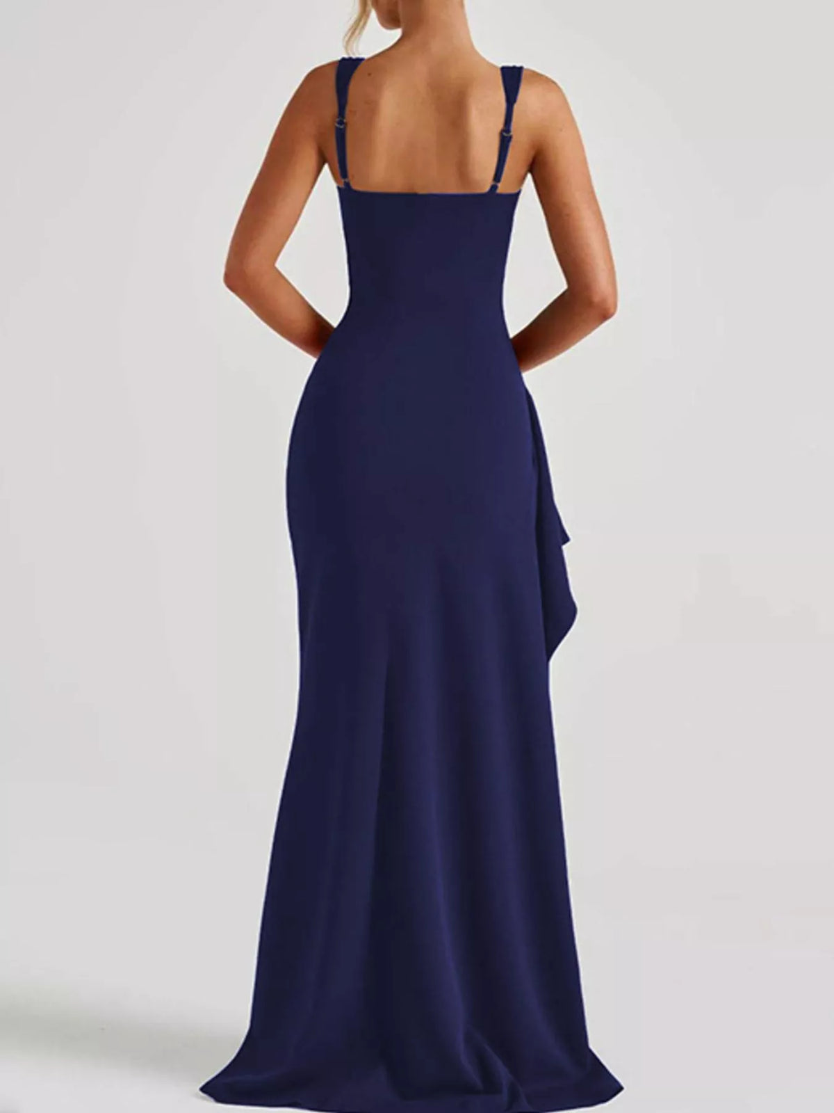 Navy blue ruched square-neck maxi dress with spaghetti straps and side slit