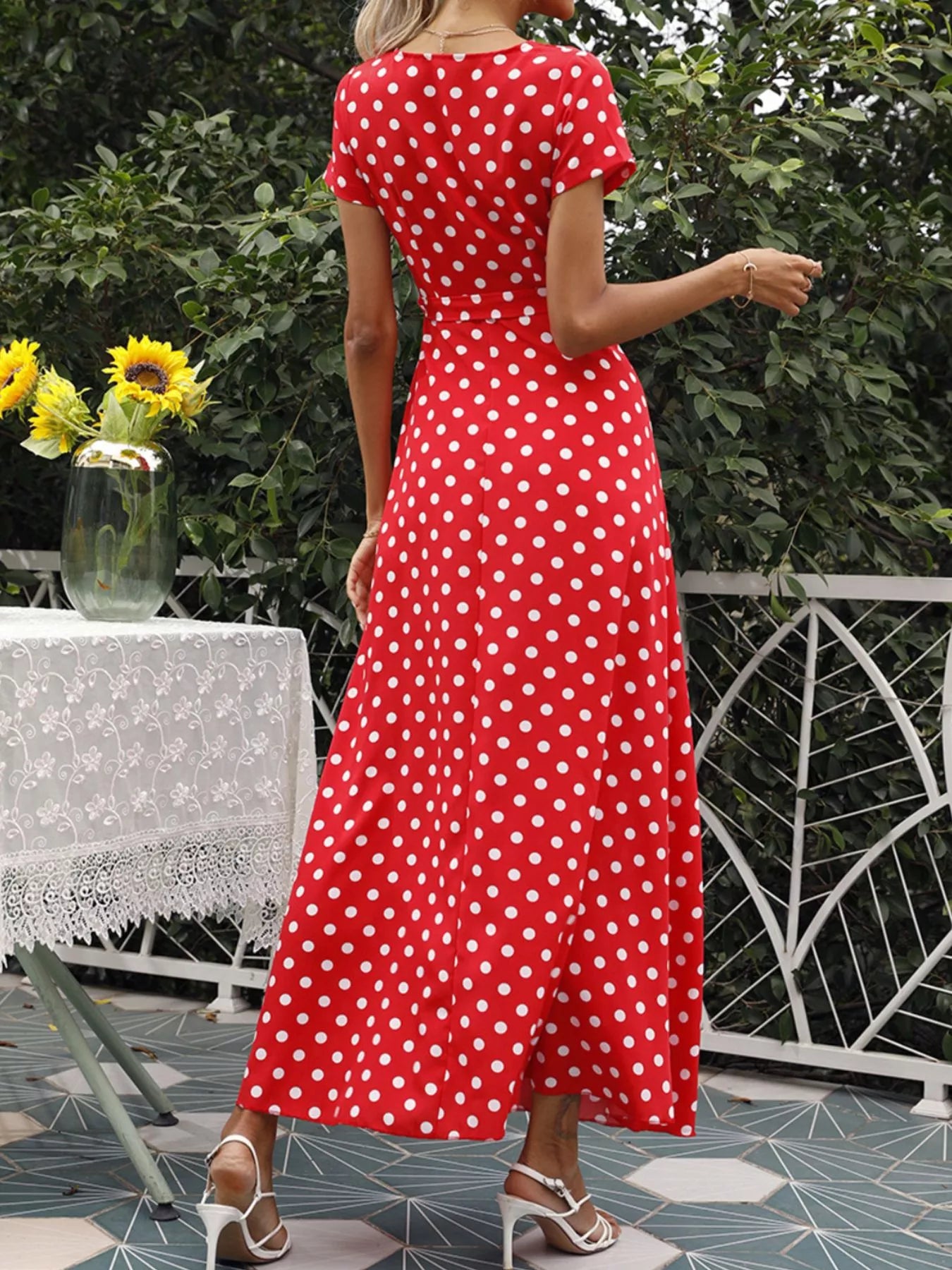 Red polka-dot wrap maxi dress with tie belt, short sleeves, back view