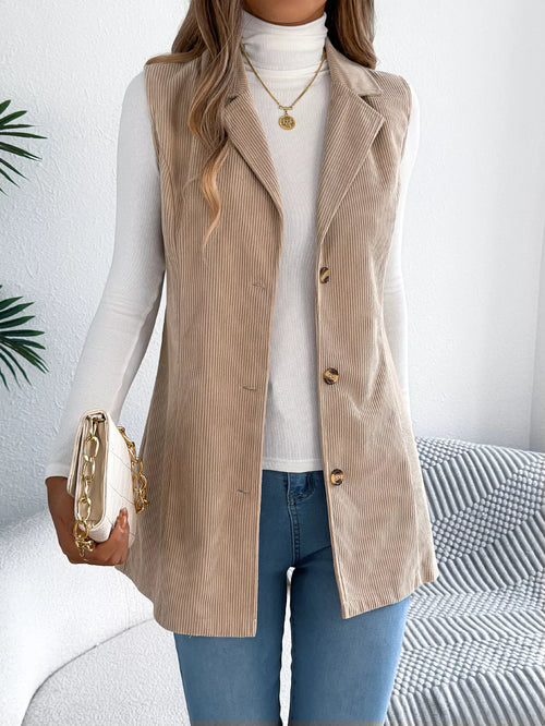 Khaki longline button-front vest coat with notched lapels, gold-tone buttons, sleeveless