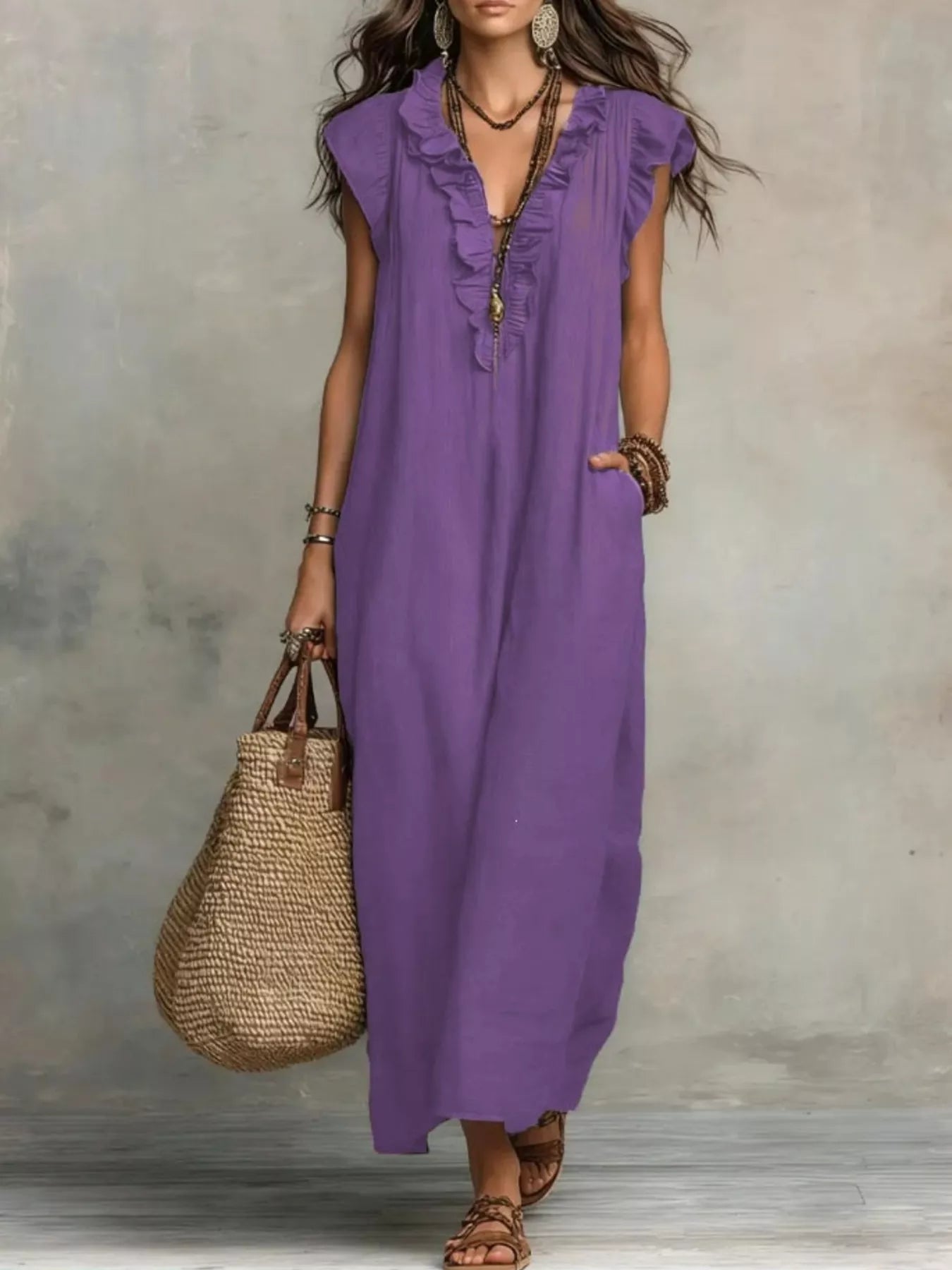 Purple ruffled V-neck maxi dress with cap sleeves and front decorative trim