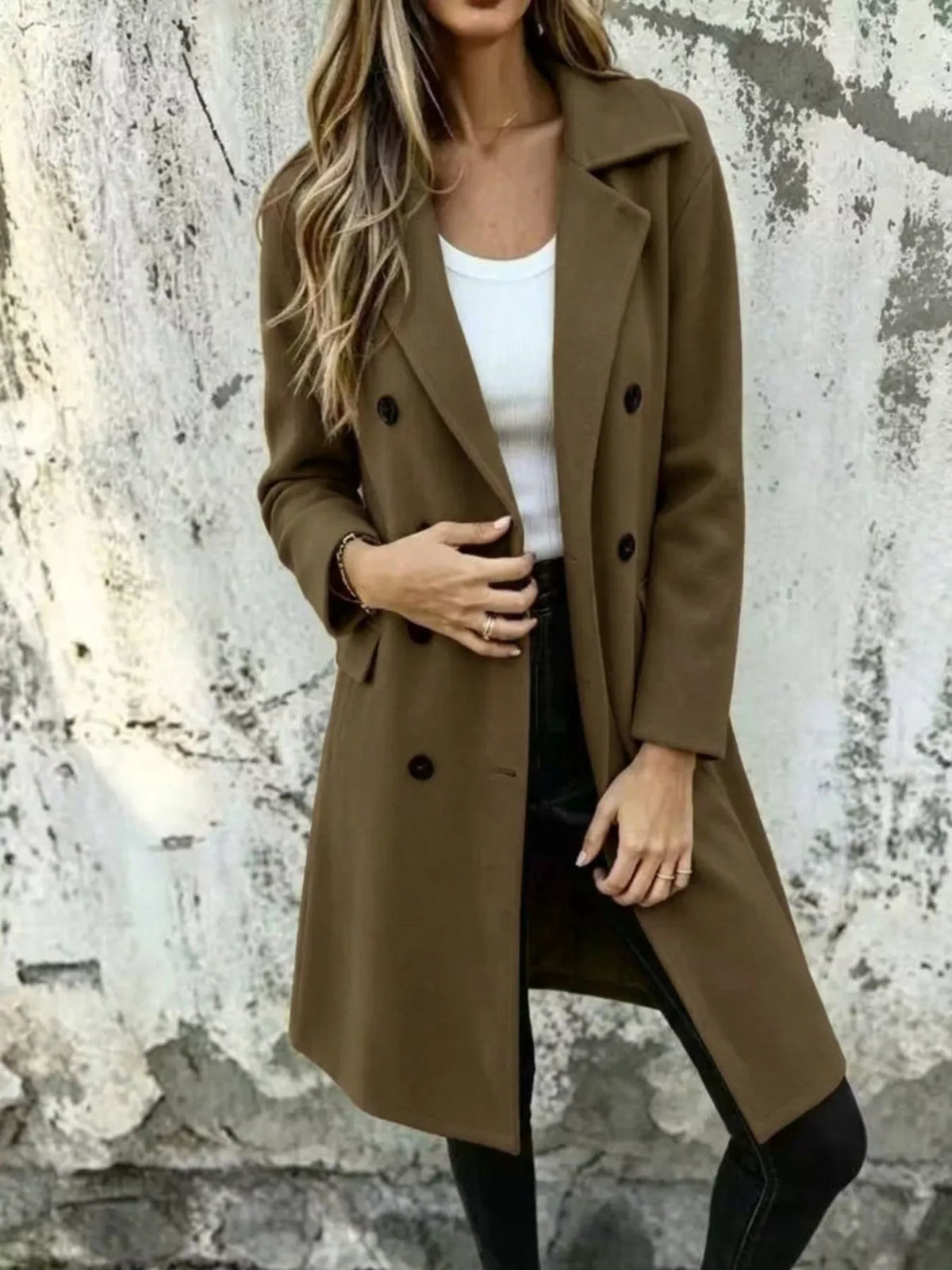 Long double-breasted lapel coat, olive green, button front